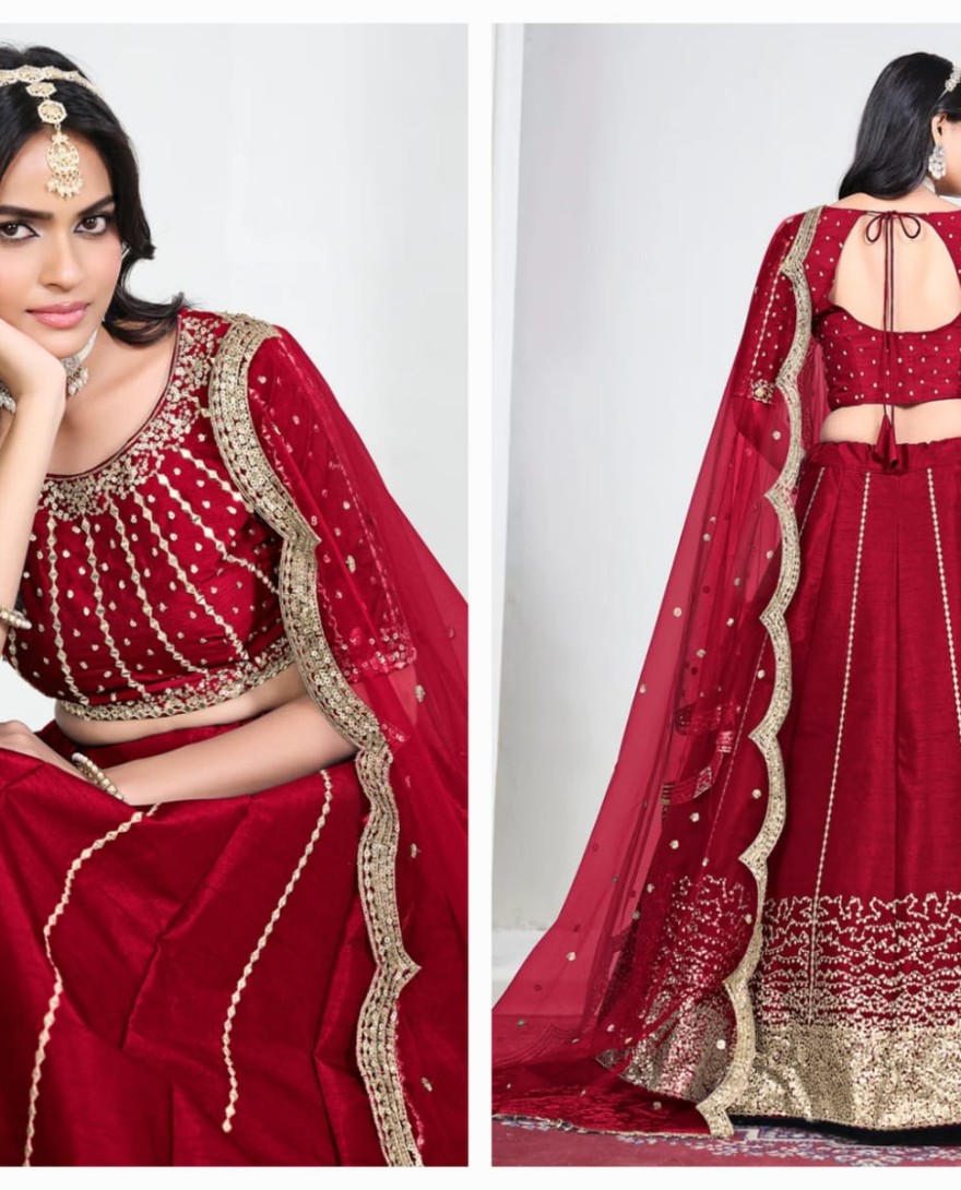 RED - Red Art Silk Mirror Handwork Wedding Lehenga Choli