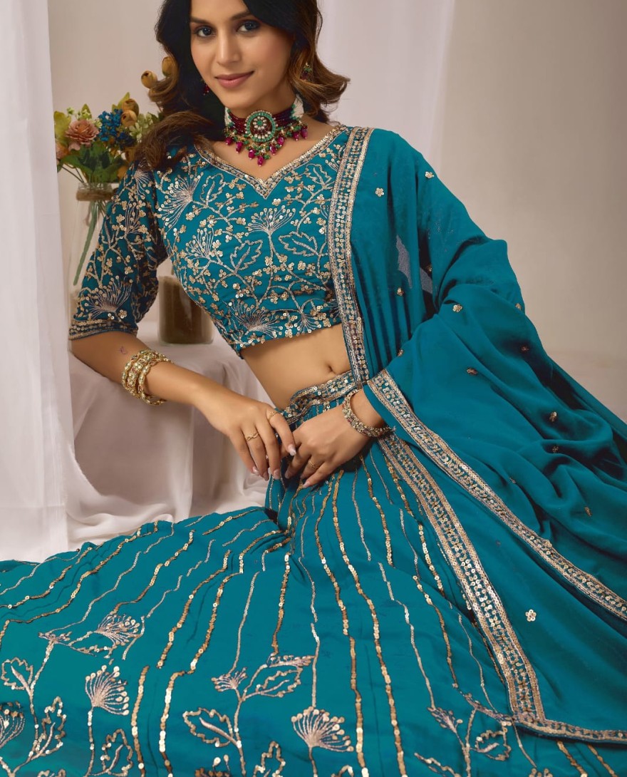 BLUE - Morpich Embroidered Faux Georgette Lehenga Choli