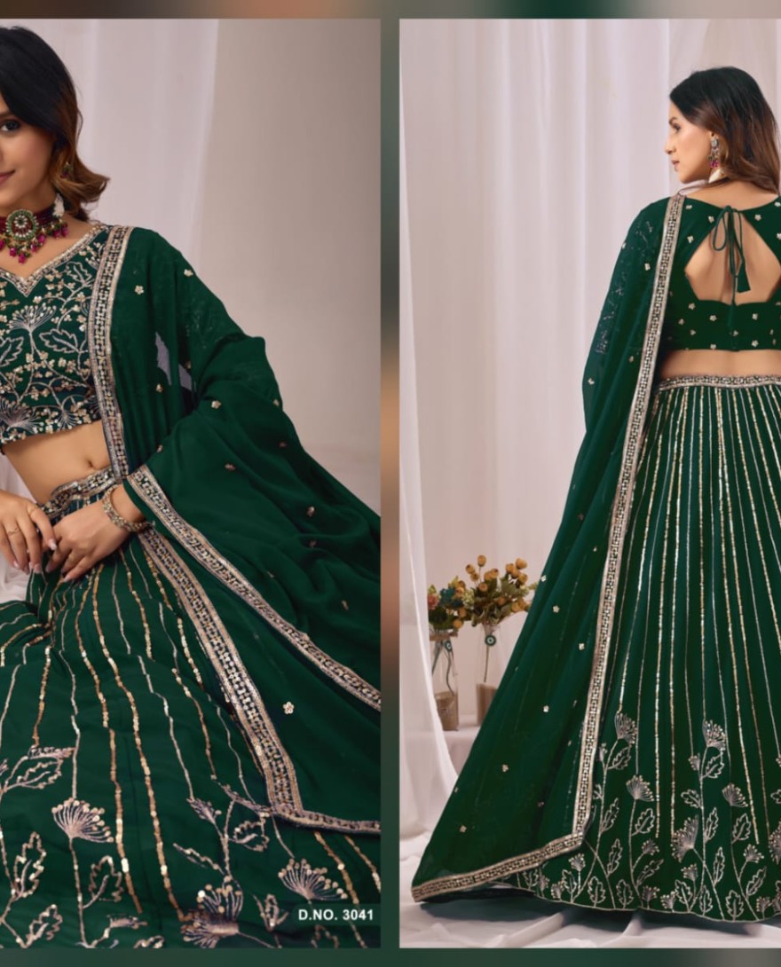 GREEN - Bottle Green Embroidered Faux Georgette Lehenga Choli