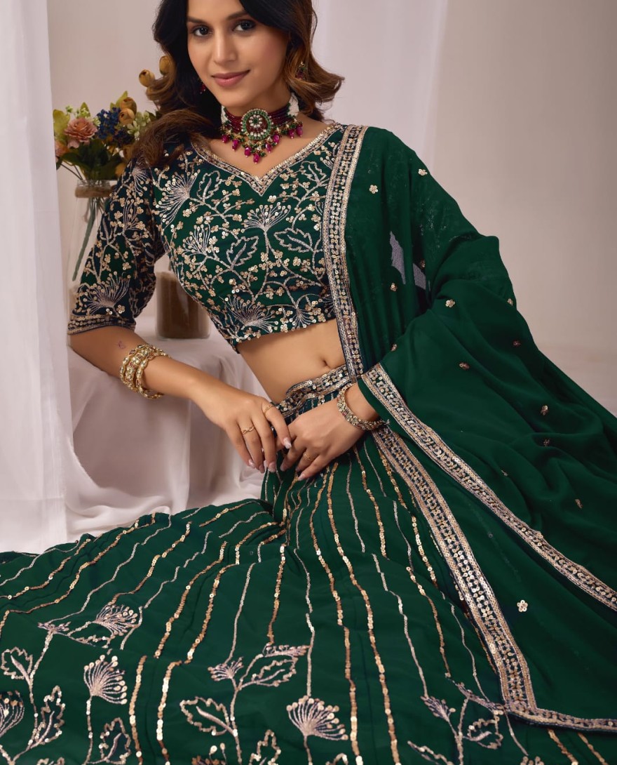 GREEN - Bottle Green Embroidered Faux Georgette Lehenga Choli