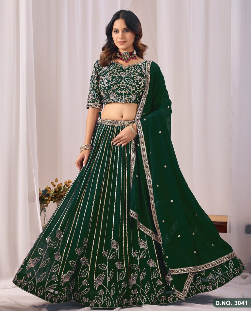 GREEN - Bottle Green Embroidered Faux Georgette Lehenga Choli
