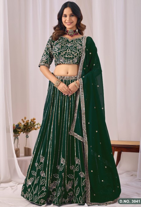 Bottle Green Embroidered Faux Georgette Lehenga Choli