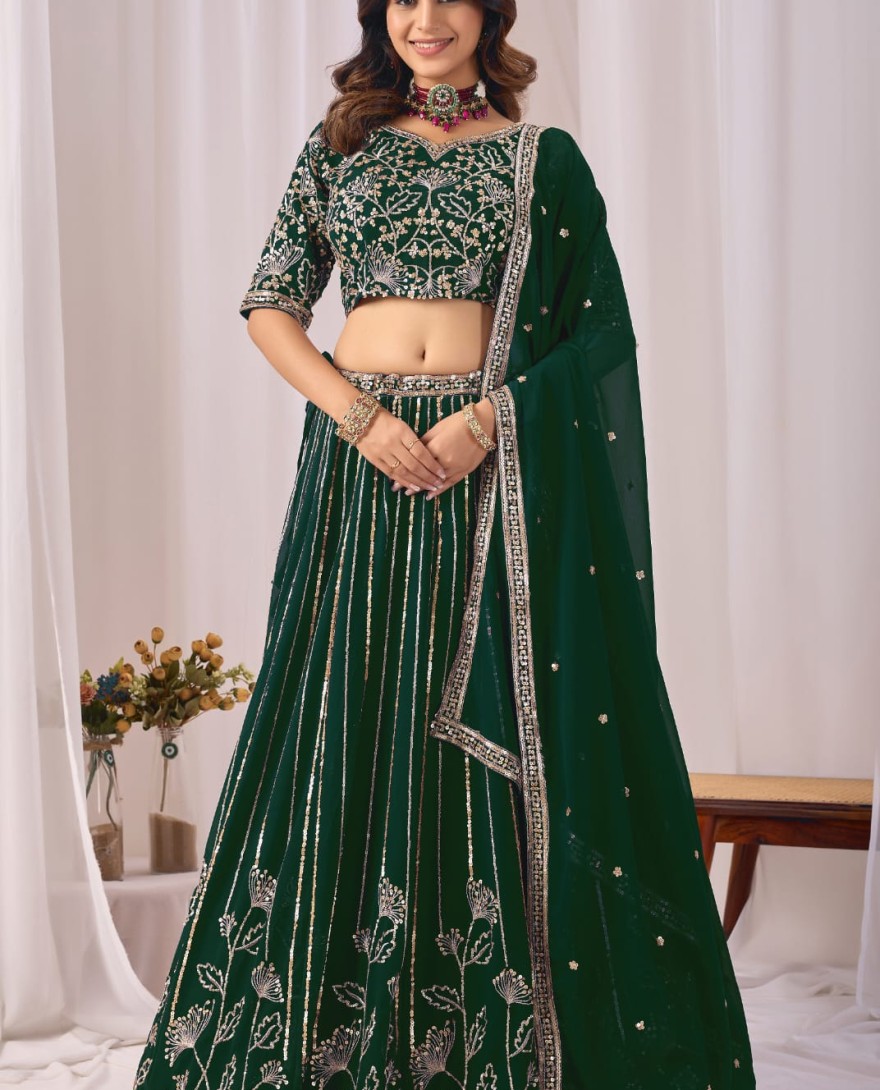 GREEN - Bottle Green Embroidered Faux Georgette Lehenga Choli