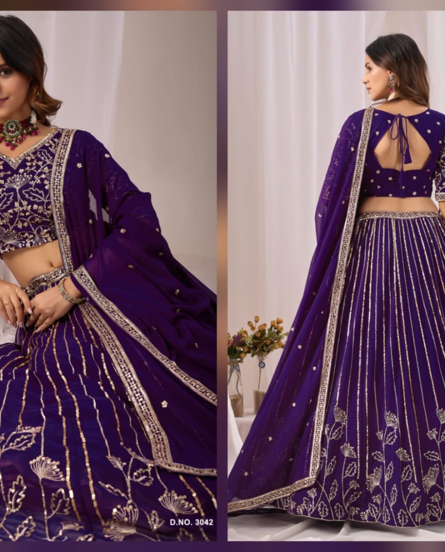 PURPLE - Eggplant Embroidered Faux Georgette Lehenga Choli