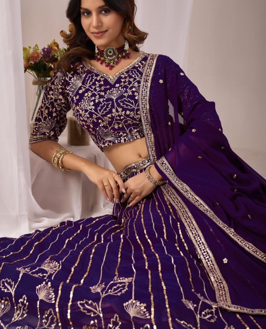PURPLE - Eggplant Embroidered Faux Georgette Lehenga Choli