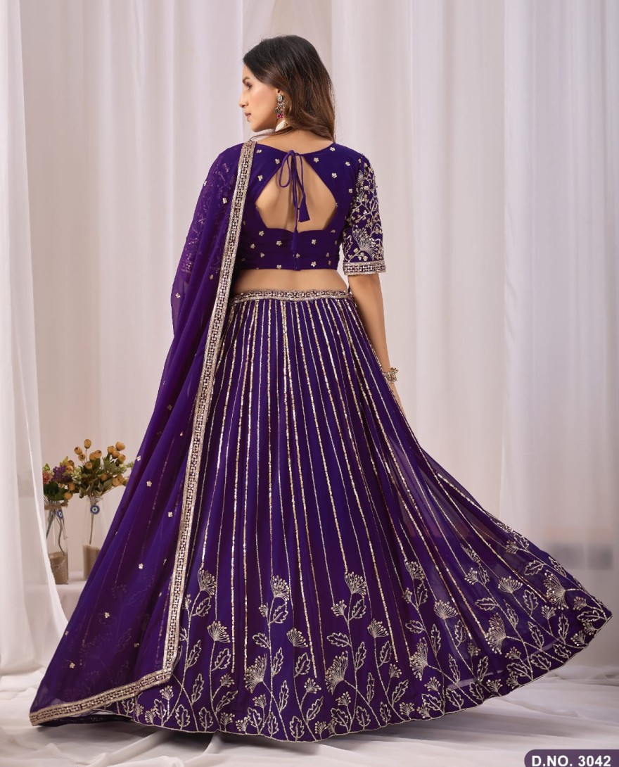 PURPLE - Eggplant Embroidered Faux Georgette Lehenga Choli