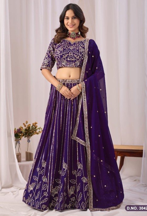 Eggplant Embroidered Faux Georgette Lehenga Choli