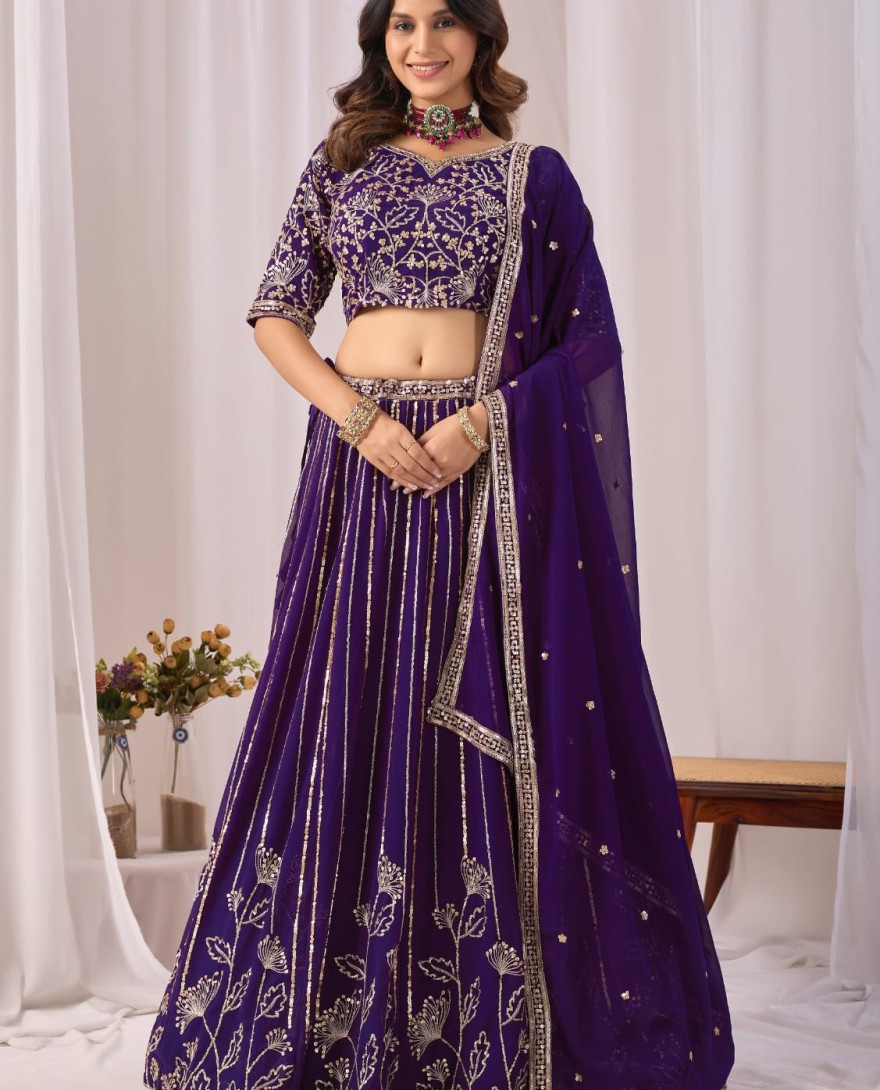 PURPLE - Eggplant Embroidered Faux Georgette Lehenga Choli