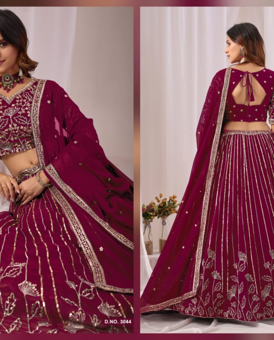 WINE - Wine Embroidered Faux Georgette Lehenga Choli