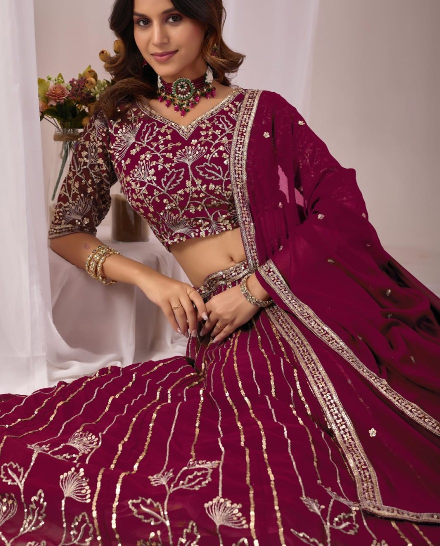 WINE - Wine Embroidered Faux Georgette Lehenga Choli
