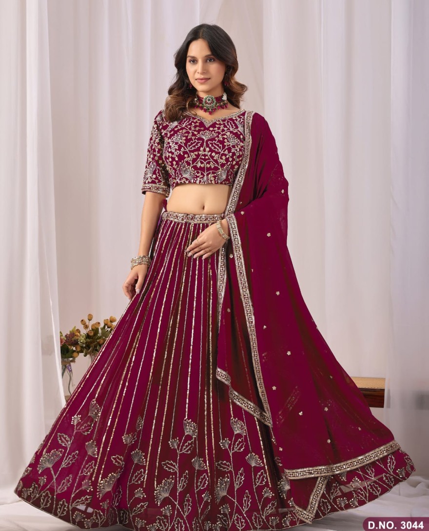 WINE - Wine Embroidered Faux Georgette Lehenga Choli