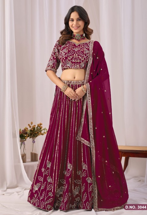 Wine Embroidered Faux Georgette Lehenga Choli