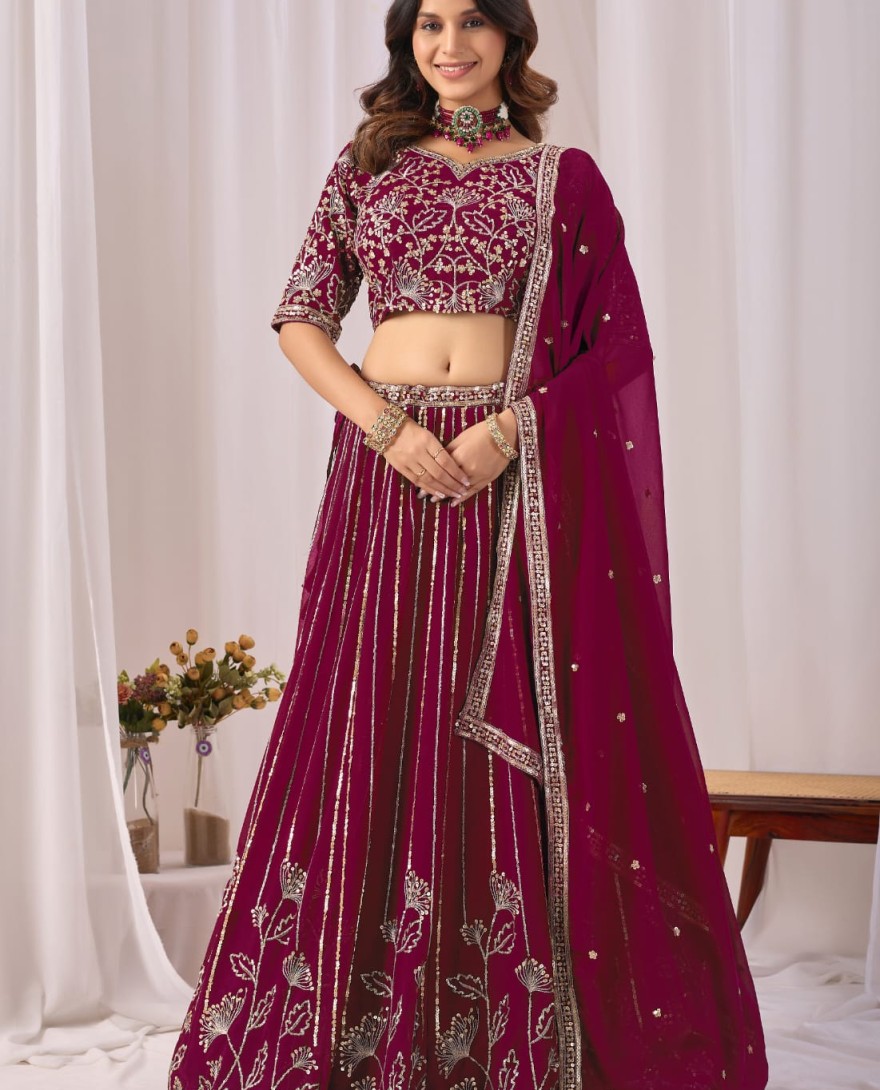 WINE - Wine Embroidered Faux Georgette Lehenga Choli