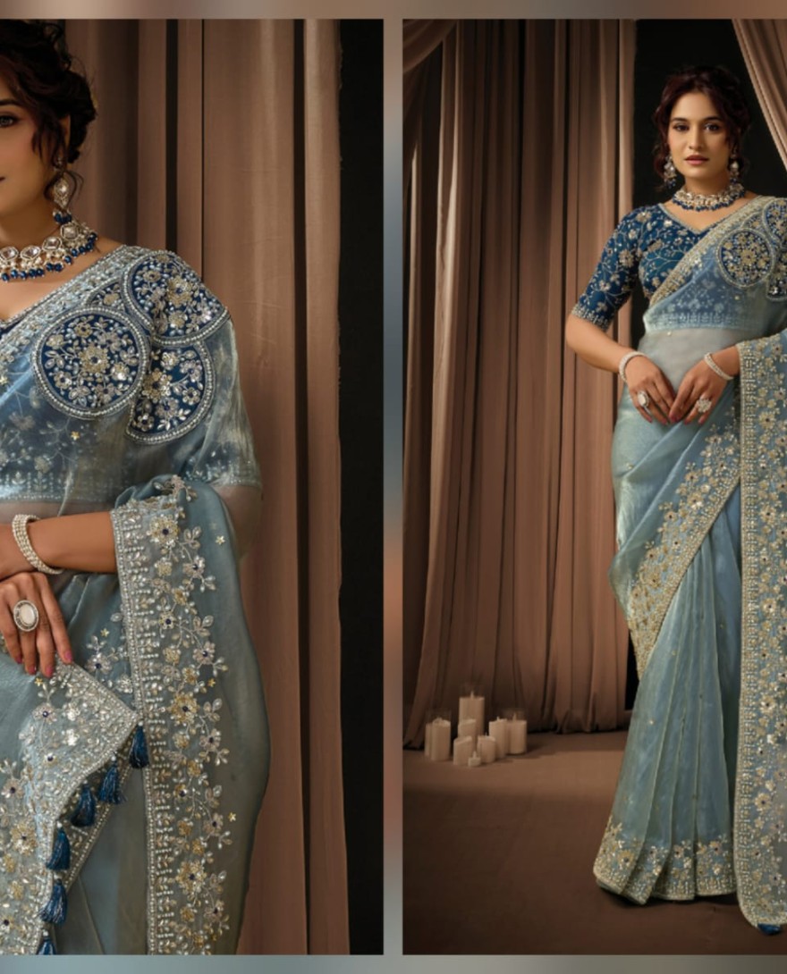 BLUE - Charming Ice Grey Zari Organza Satin Sequins Beads Hand Embroidered Stones Saree Wedding Wear