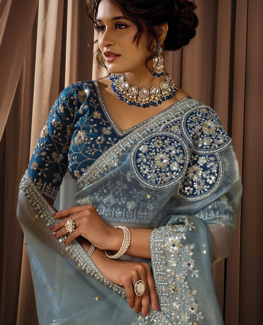 BLUE - Charming Ice Grey Zari Organza Satin Sequins Beads Hand Embroidered Stones Saree Wedding Wear