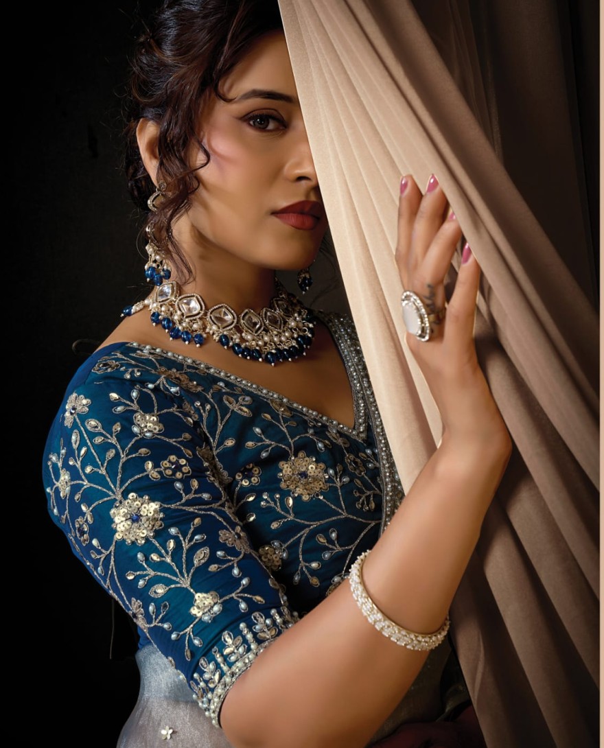 BLUE - Charming Ice Grey Zari Organza Satin Sequins Beads Hand Embroidered Stones Saree Wedding Wear