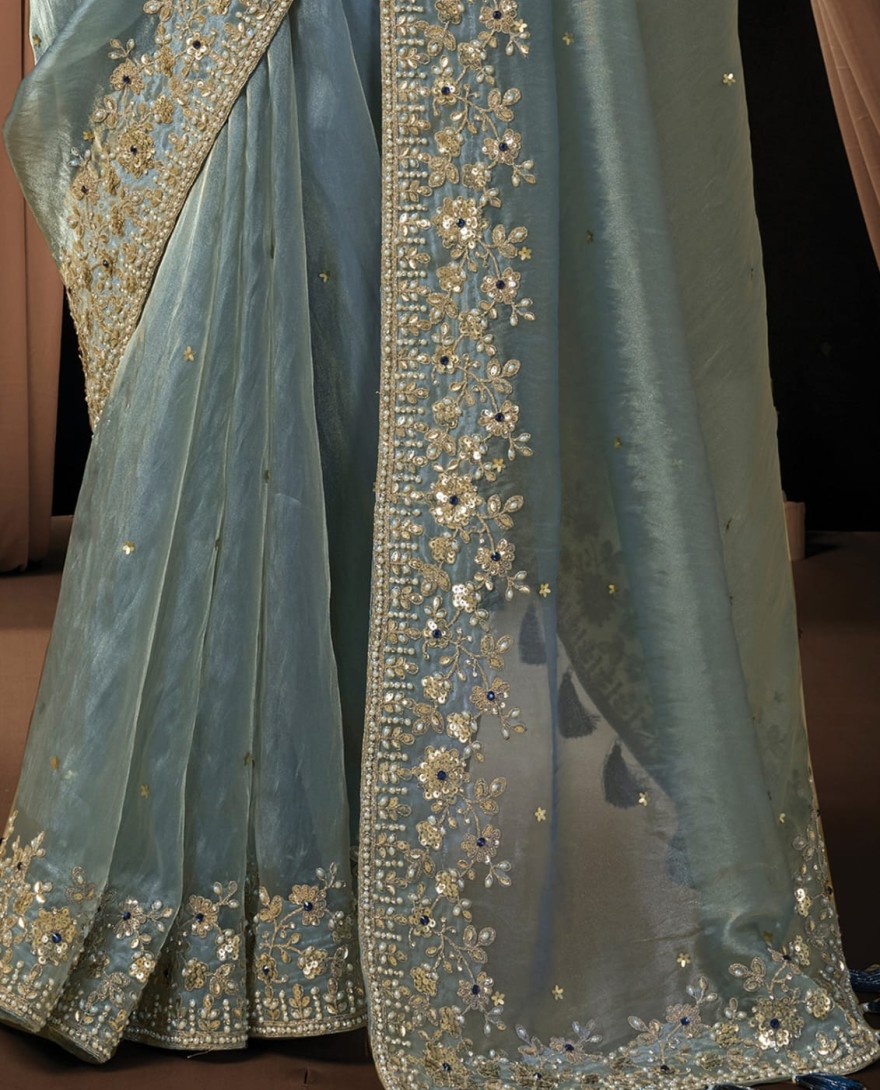 BLUE - Charming Ice Grey Zari Organza Satin Sequins Beads Hand Embroidered Stones Saree Wedding Wear