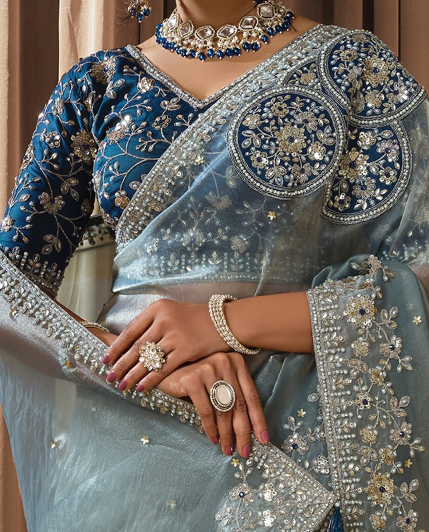 BLUE - Charming Ice Grey Zari Organza Satin Sequins Beads Hand Embroidered Stones Saree Wedding Wear