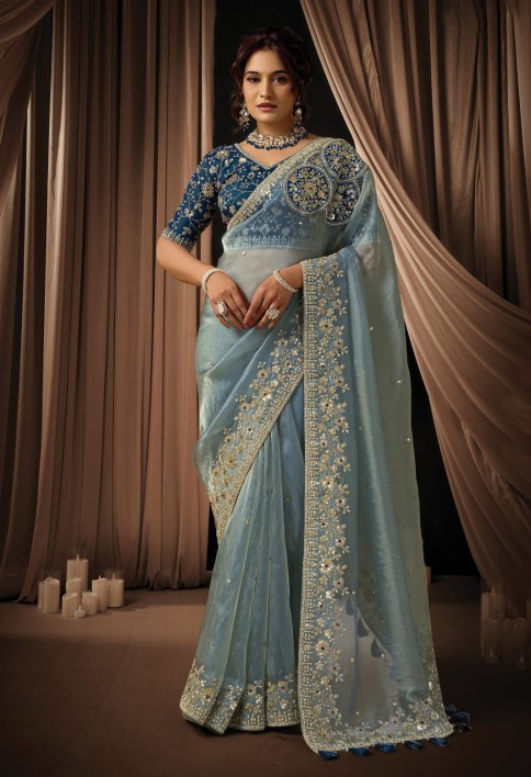 Charming Ice Grey Zari Organza Satin Sequins Beads Hand Embroidered Stones Saree Wedding Wear