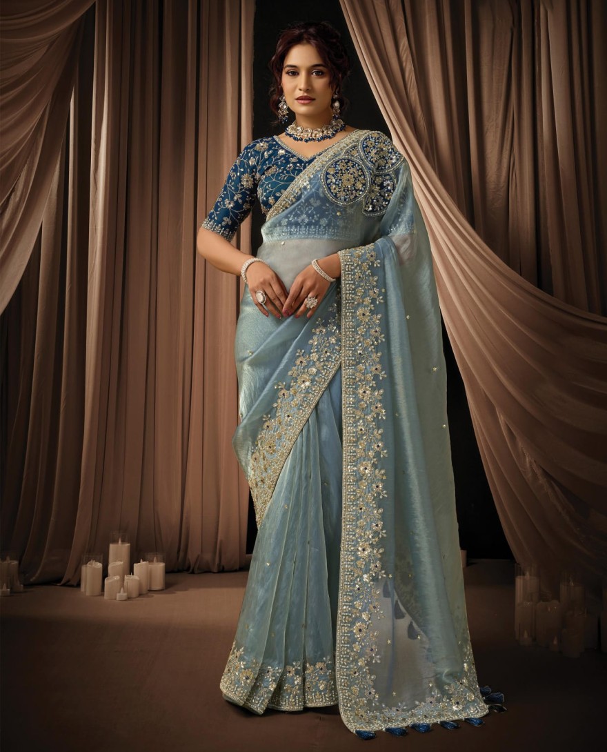 BLUE - Charming Ice Grey Zari Organza Satin Sequins Beads Hand Embroidered Stones Saree Wedding Wear