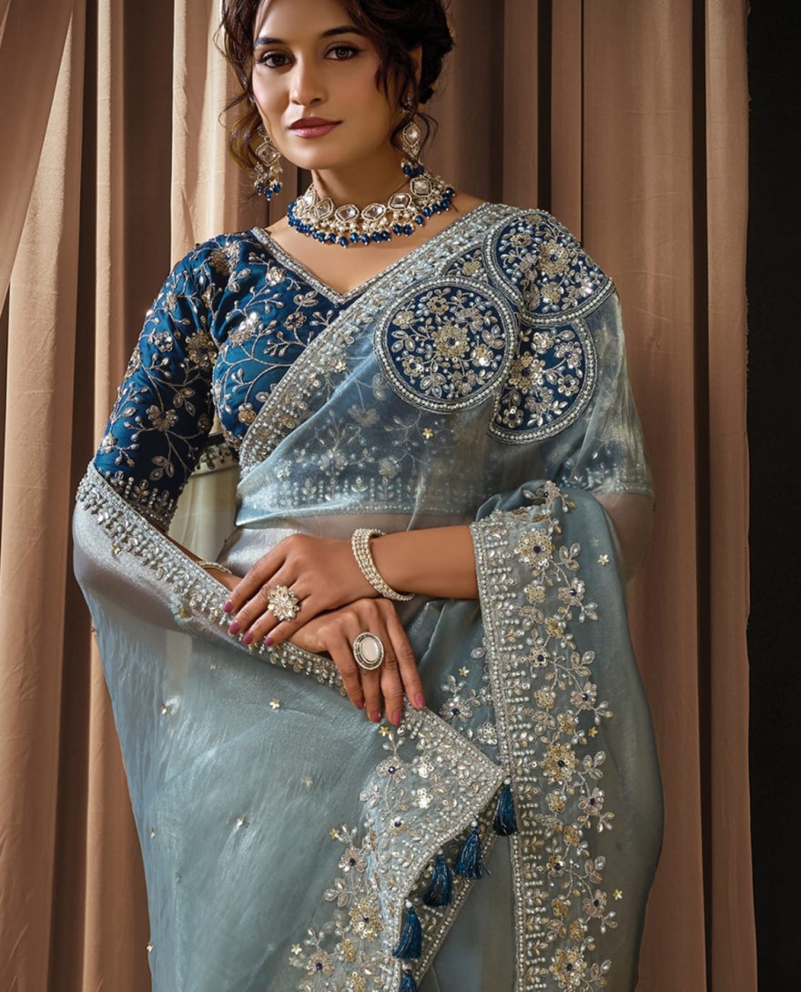 BLUE - Charming Ice Grey Zari Organza Satin Sequins Beads Hand Embroidered Stones Saree Wedding Wear