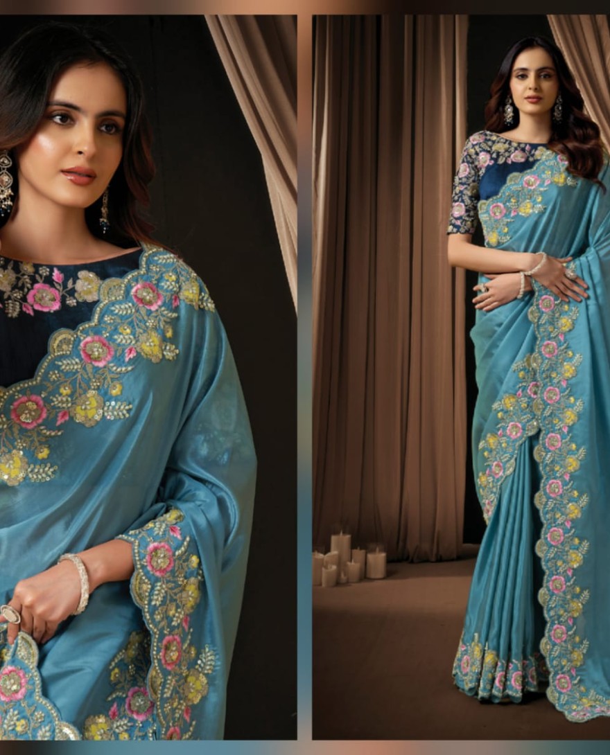 BLUE - Stunning Dusty Blue Upada Silk Sequins Beads Hand Embroidered Stones Saree Wedding Wear