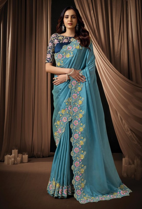 Stunning Dusty Blue Upada Silk Sequins Beads Hand Embroidered Stones Saree Wedding Wear