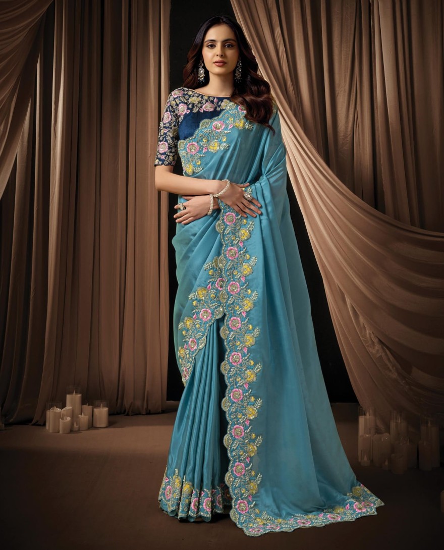 BLUE - Stunning Dusty Blue Upada Silk Sequins Beads Hand Embroidered Stones Saree Wedding Wear