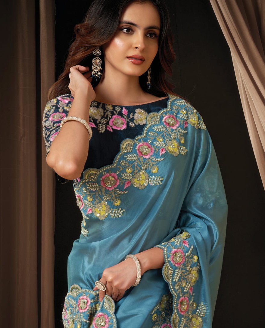 BLUE - Stunning Dusty Blue Upada Silk Sequins Beads Hand Embroidered Stones Saree Wedding Wear