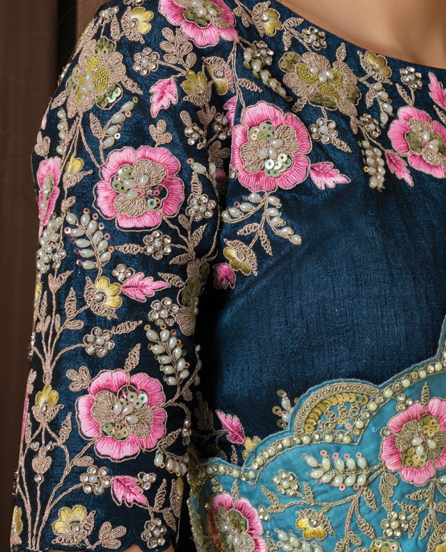 BLUE - Stunning Dusty Blue Upada Silk Sequins Beads Hand Embroidered Stones Saree Wedding Wear