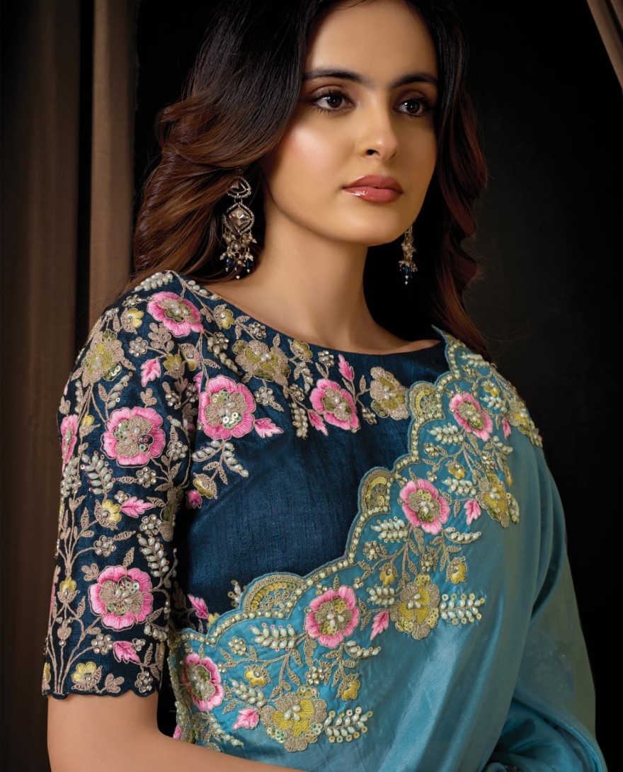 BLUE - Stunning Dusty Blue Upada Silk Sequins Beads Hand Embroidered Stones Saree Wedding Wear