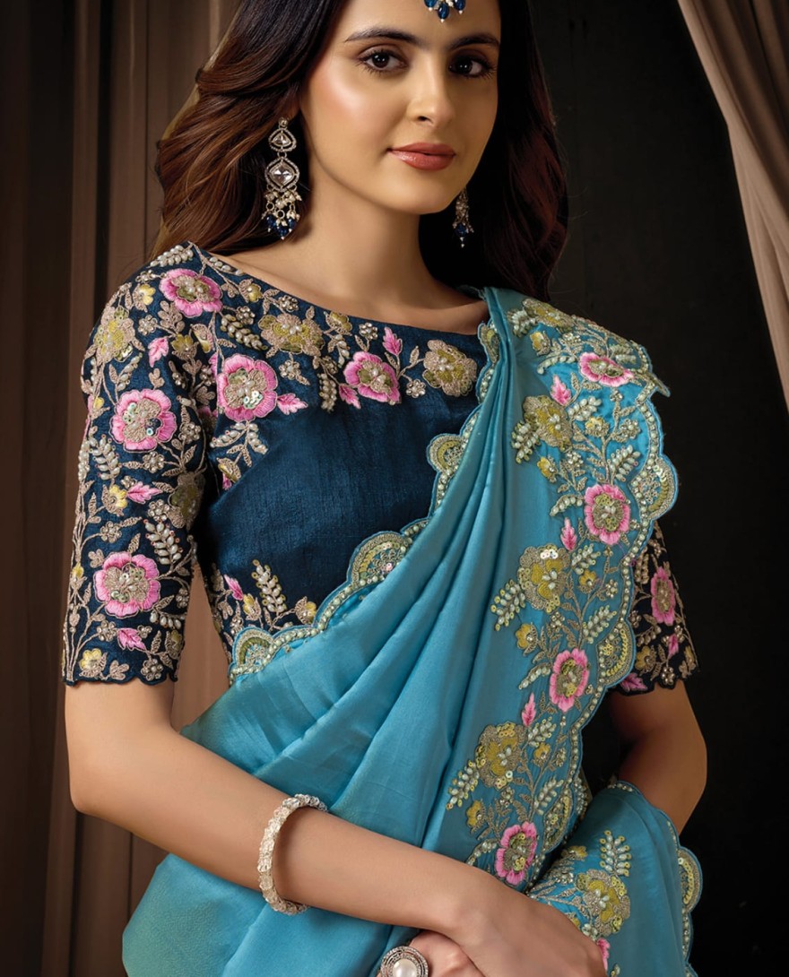 BLUE - Stunning Dusty Blue Upada Silk Sequins Beads Hand Embroidered Stones Saree Wedding Wear