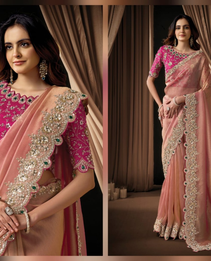 PINK - Sophisticated Blush Pink Zari Organza Satin Sequins Beads Hand Embroidered Stones Saree Wedding Wear