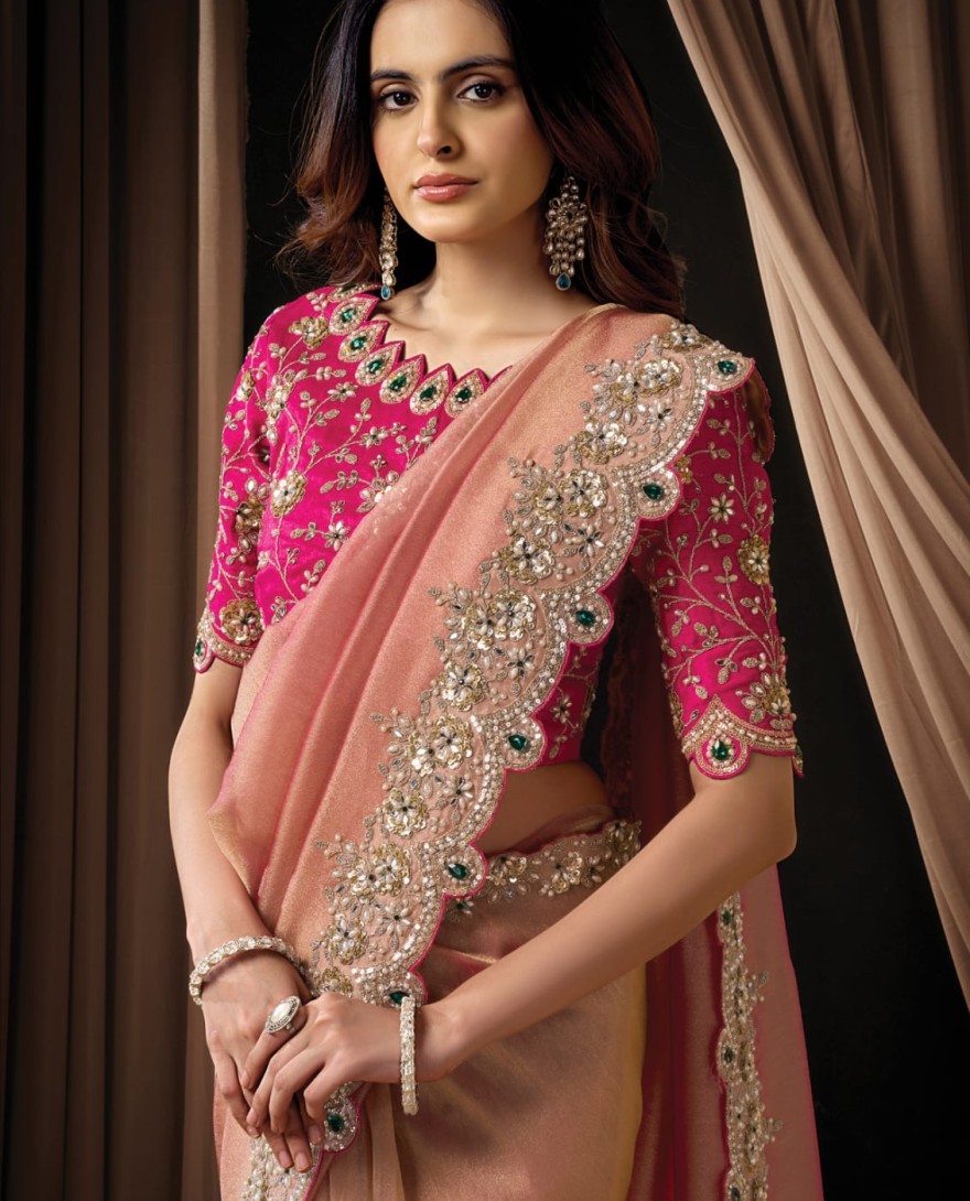 PINK - Sophisticated Blush Pink Zari Organza Satin Sequins Beads Hand Embroidered Stones Saree Wedding Wear