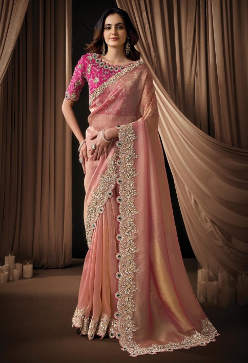 Sophisticated Blush Pink Zari Organza Satin Sequins Beads Hand Embroidered Stones Saree Wedding Wear