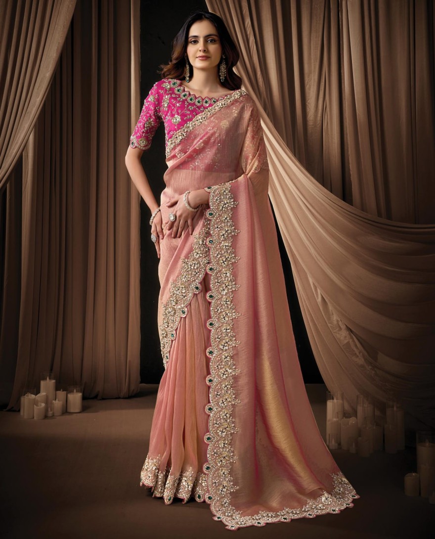 PINK - Sophisticated Blush Pink Zari Organza Satin Sequins Beads Hand Embroidered Stones Saree Wedding Wear