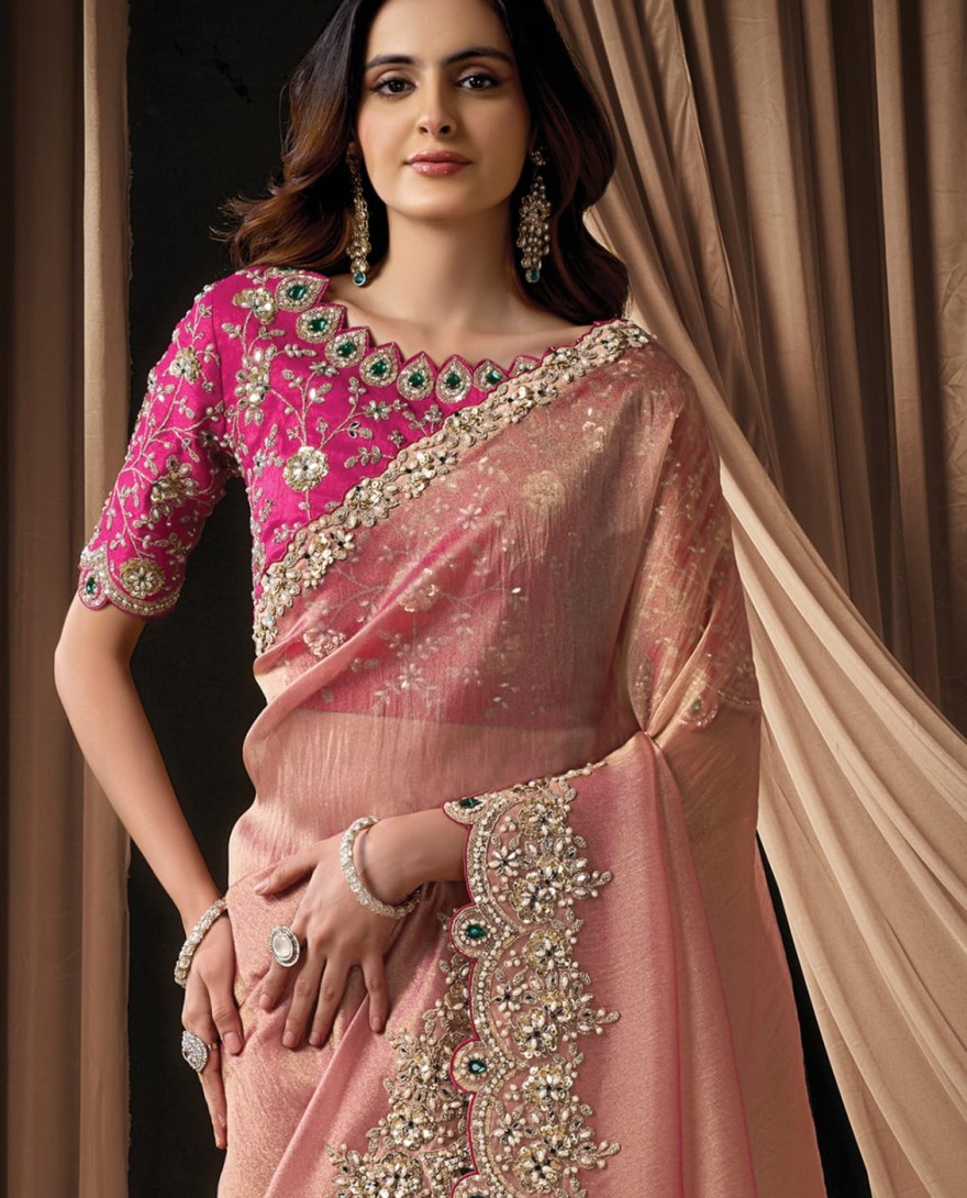 PINK - Sophisticated Blush Pink Zari Organza Satin Sequins Beads Hand Embroidered Stones Saree Wedding Wear