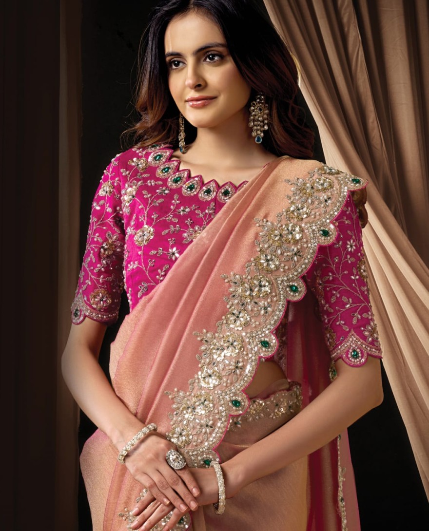 PINK - Sophisticated Blush Pink Zari Organza Satin Sequins Beads Hand Embroidered Stones Saree Wedding Wear