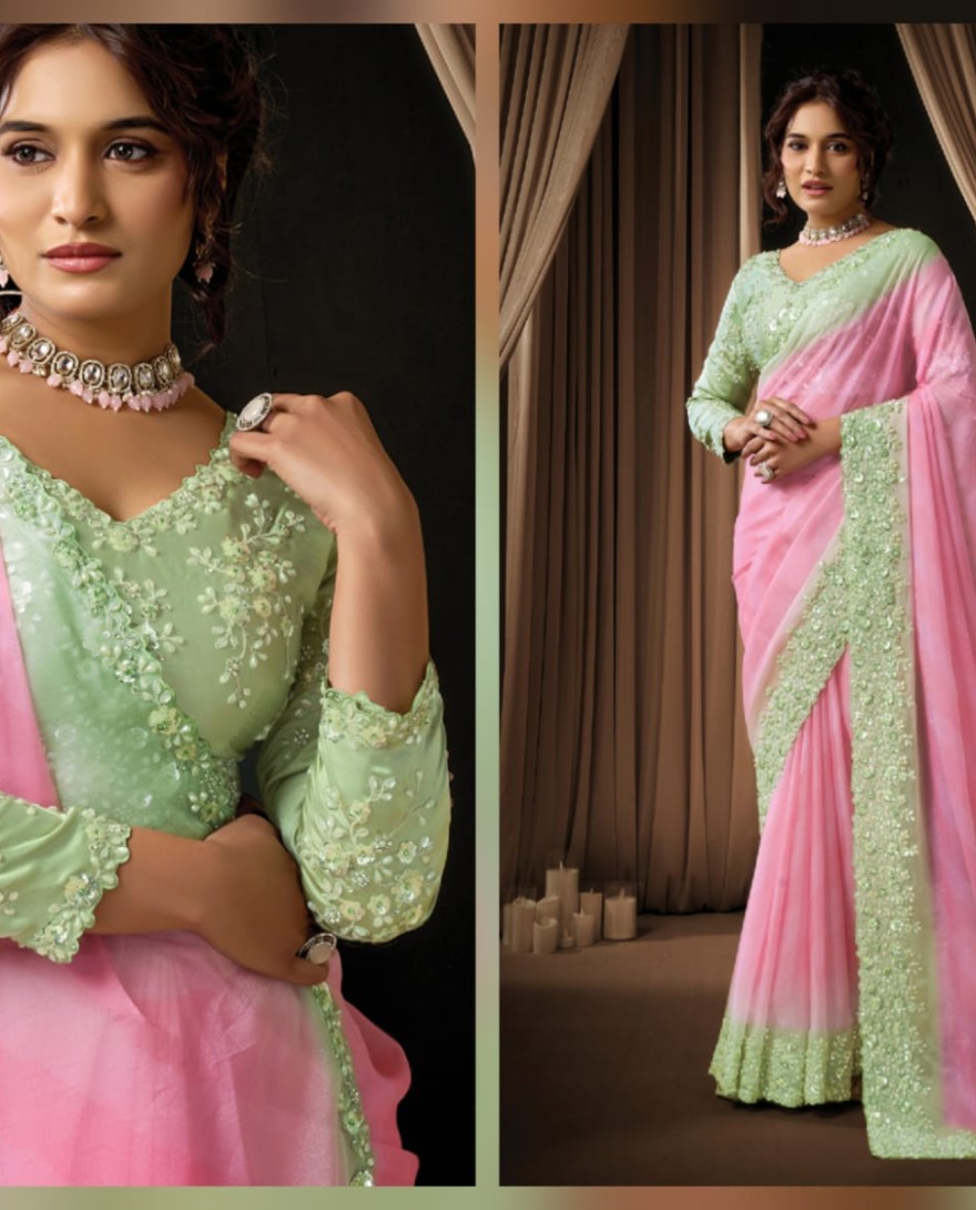 PINK - Dreamy Pink Ombre Soft Georgette Sequins Beads Hand Embroidered Stones Saree Wedding Wear