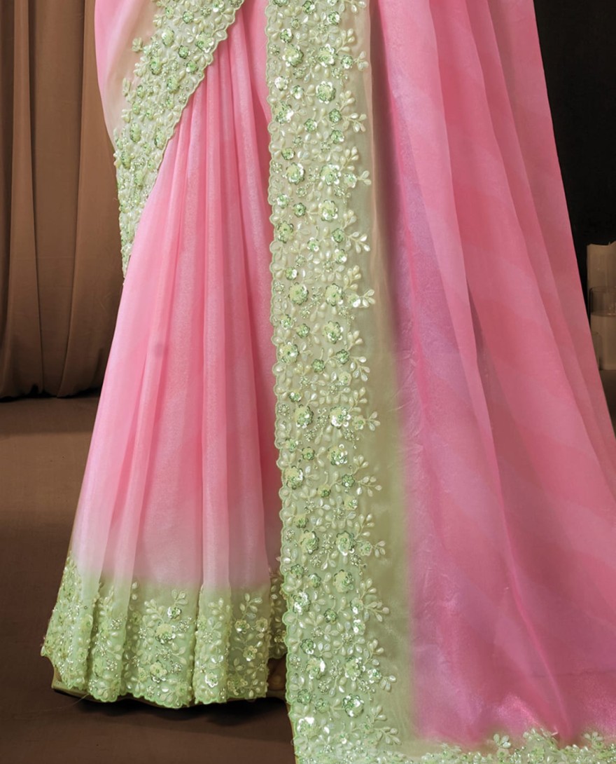 PINK - Dreamy Pink Ombre Soft Georgette Sequins Beads Hand Embroidered Stones Saree Wedding Wear