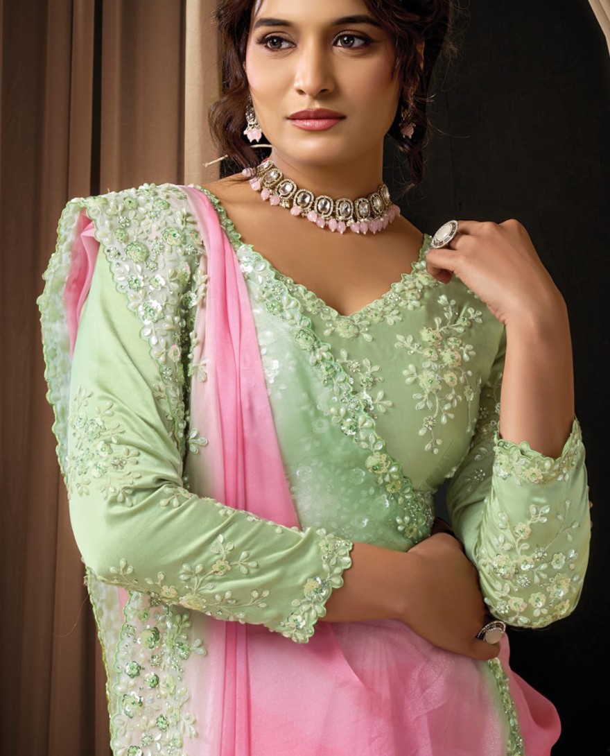 PINK - Dreamy Pink Ombre Soft Georgette Sequins Beads Hand Embroidered Stones Saree Wedding Wear