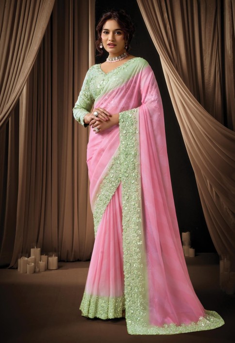 Dreamy Pink Ombre Soft Georgette Sequins Beads Hand Embroidered Stones Saree Wedding Wear