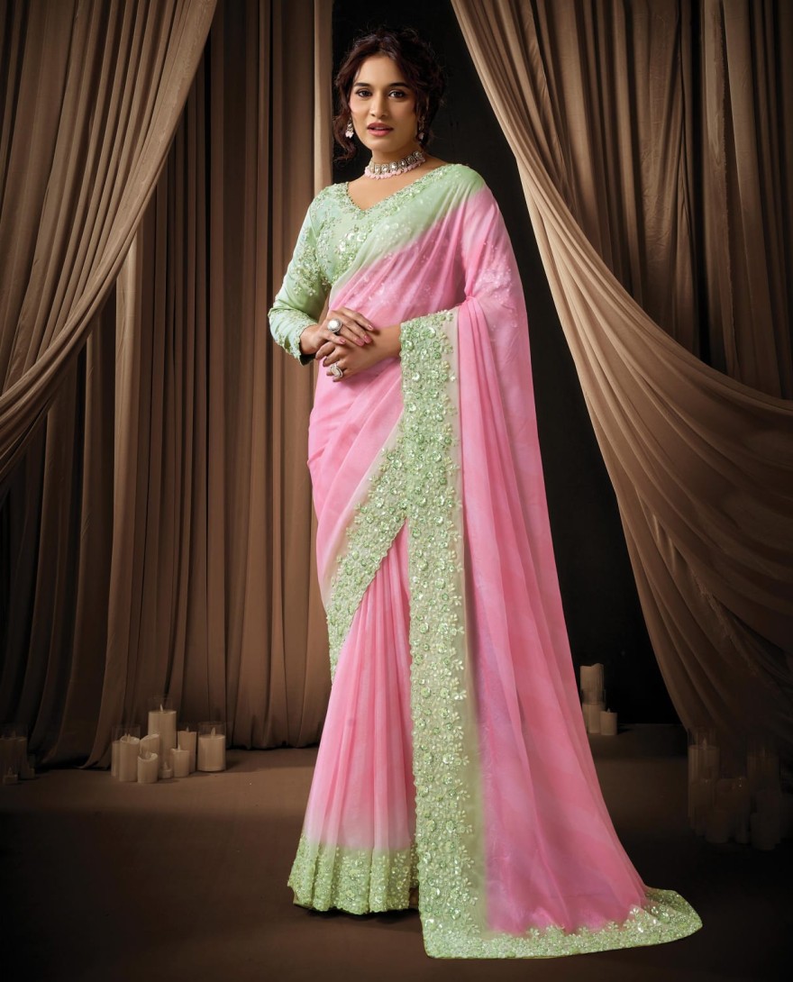 PINK - Dreamy Pink Ombre Soft Georgette Sequins Beads Hand Embroidered Stones Saree Wedding Wear
