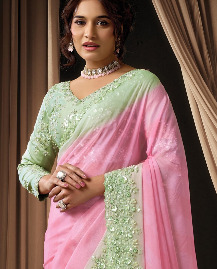 PINK - Dreamy Pink Ombre Soft Georgette Sequins Beads Hand Embroidered Stones Saree Wedding Wear