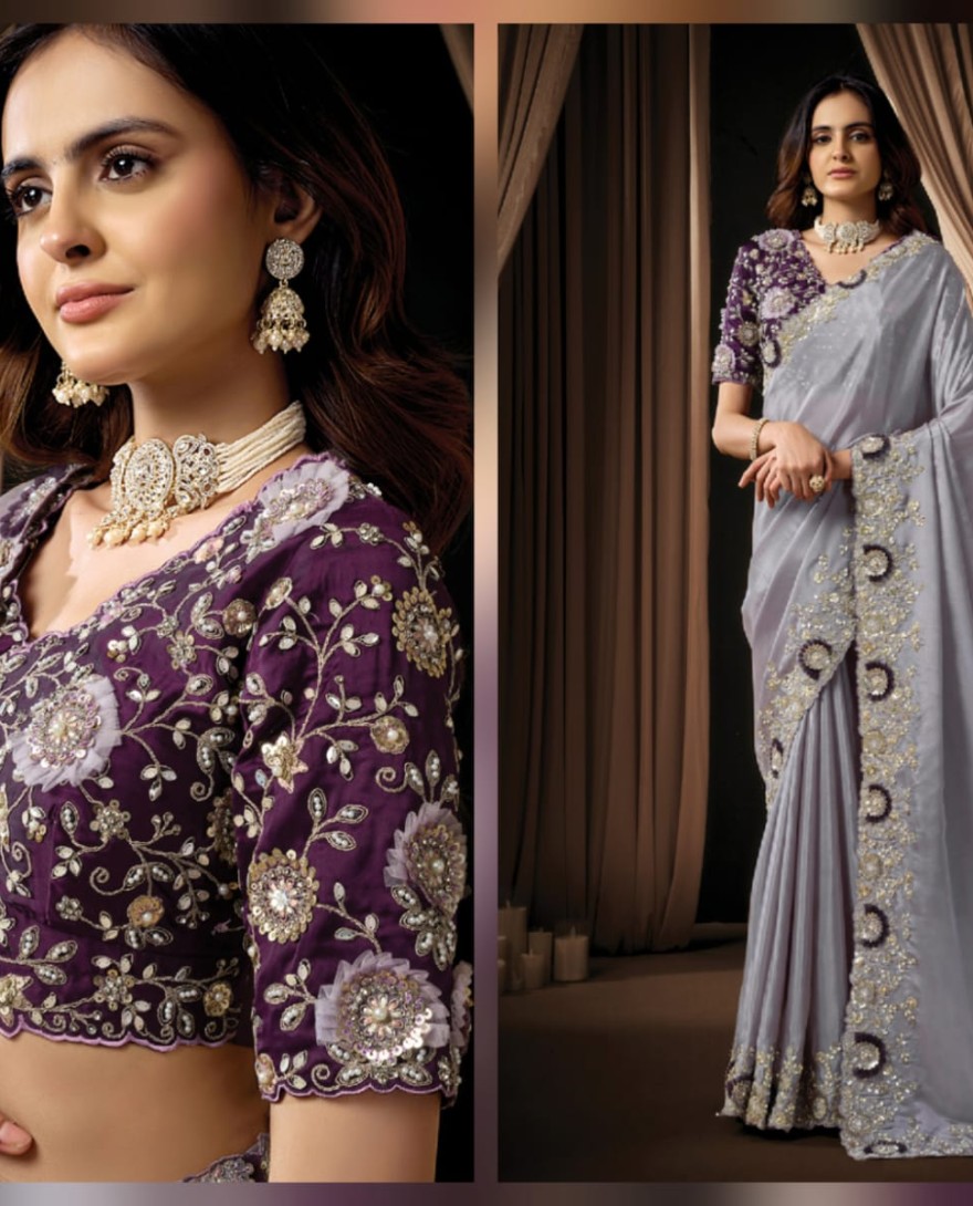 LAVENDER - Delicate Lavender Upada Silk Sequins Beads Hand Embroidered Stones Saree Wedding Wear