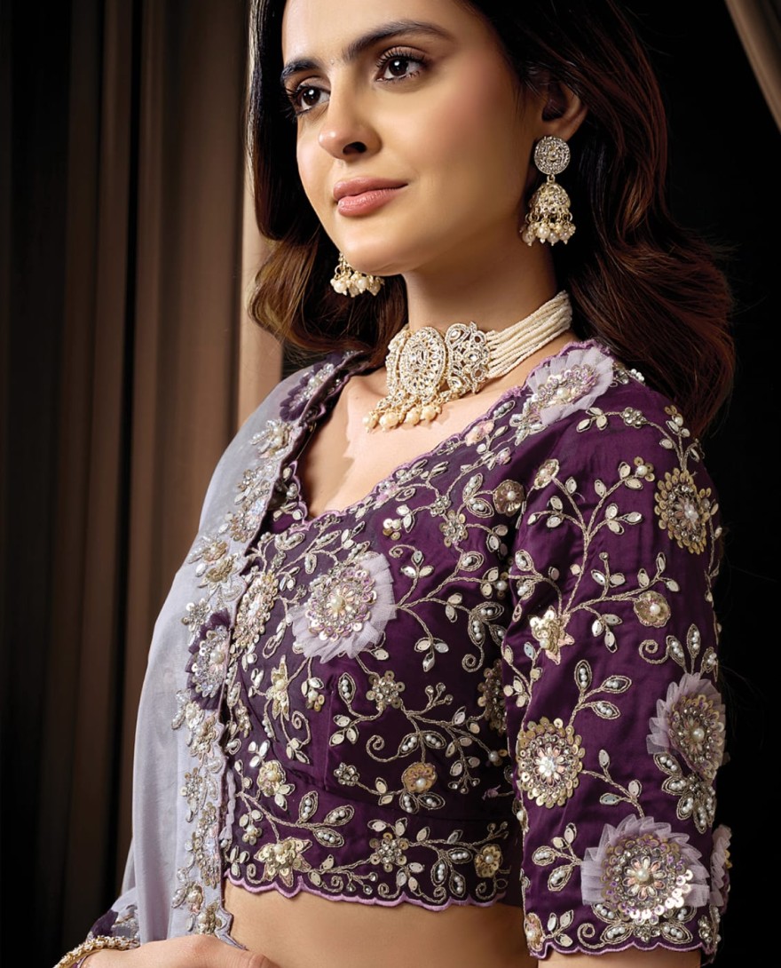 LAVENDER - Delicate Lavender Upada Silk Sequins Beads Hand Embroidered Stones Saree Wedding Wear