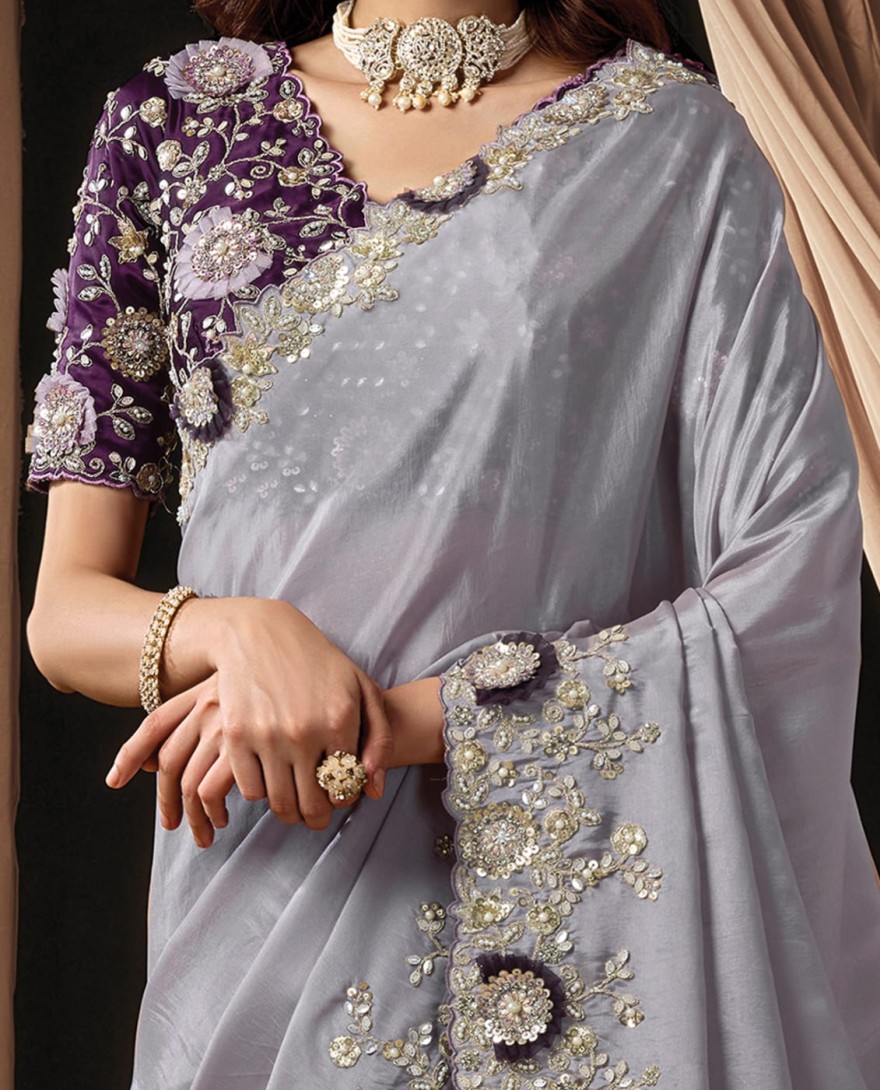 LAVENDER - Delicate Lavender Upada Silk Sequins Beads Hand Embroidered Stones Saree Wedding Wear