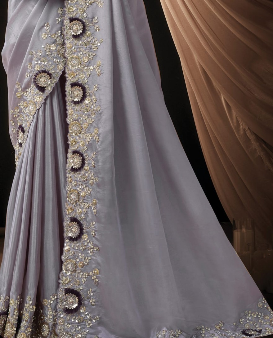 LAVENDER - Delicate Lavender Upada Silk Sequins Beads Hand Embroidered Stones Saree Wedding Wear