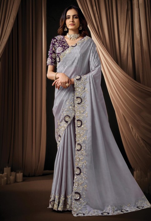 Delicate Lavender Upada Silk Sequins Beads Hand Embroidered Stones Saree Wedding Wear