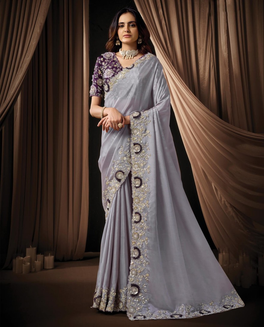 LAVENDER - Delicate Lavender Upada Silk Sequins Beads Hand Embroidered Stones Saree Wedding Wear